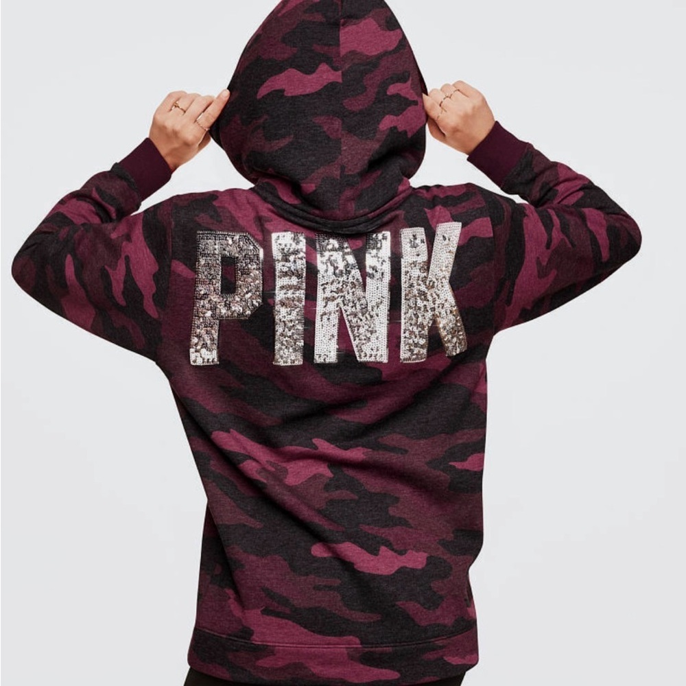 PINK Victoria’s Secret Camo Hoodie Sequin Logo Y2K Mobwife Glam L Sherpa - Picture 2 of 9